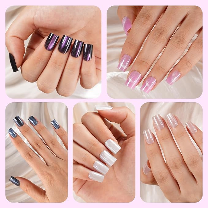 150Pcs Cat Eye Press on Nails, Plauva XS Short Square Cat Eye Nail Tips, Glossy Glitter Fake Nails, Soft Gel Stick On Nails for Women and Girls 15 Sizes