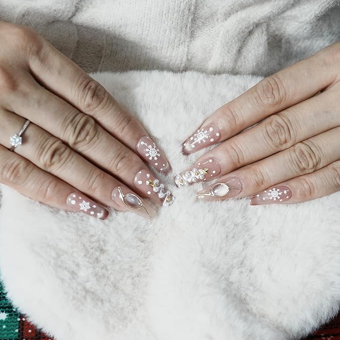 Glitter Press on Nails - Sheer Pink Nude Acrylic Handmade Coffin False Nails Winter Xmas Tree with Pearls Snowflake Star for Women Girls (Holiday Opulence-A,M)