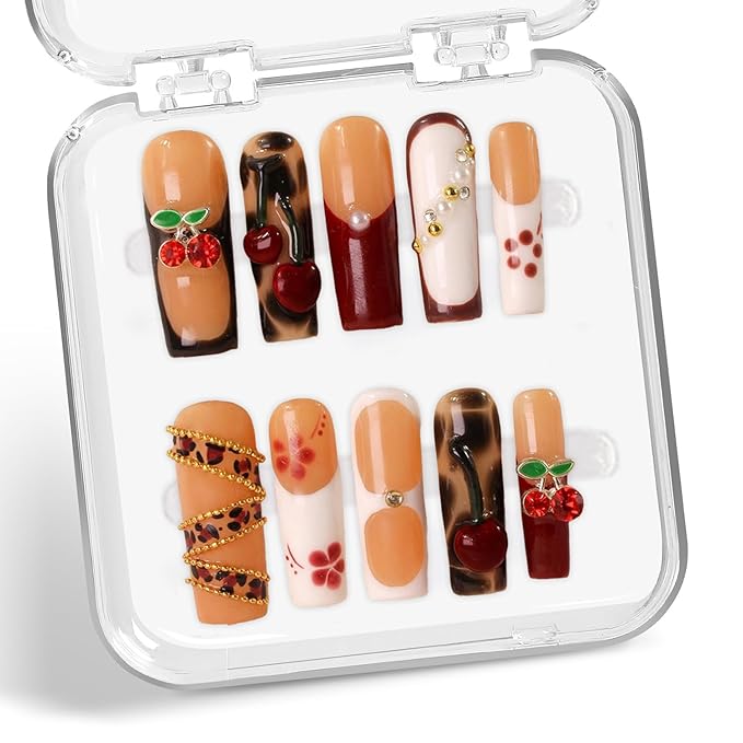 Red Cherry Press on Nails Handmade Long Square Fake Nails 3D Pearl Steel Ball Charms Designs Thicked FArench Tips False Nails Handmade Press on Nails Full Cover Stick on Nails for Women (S)