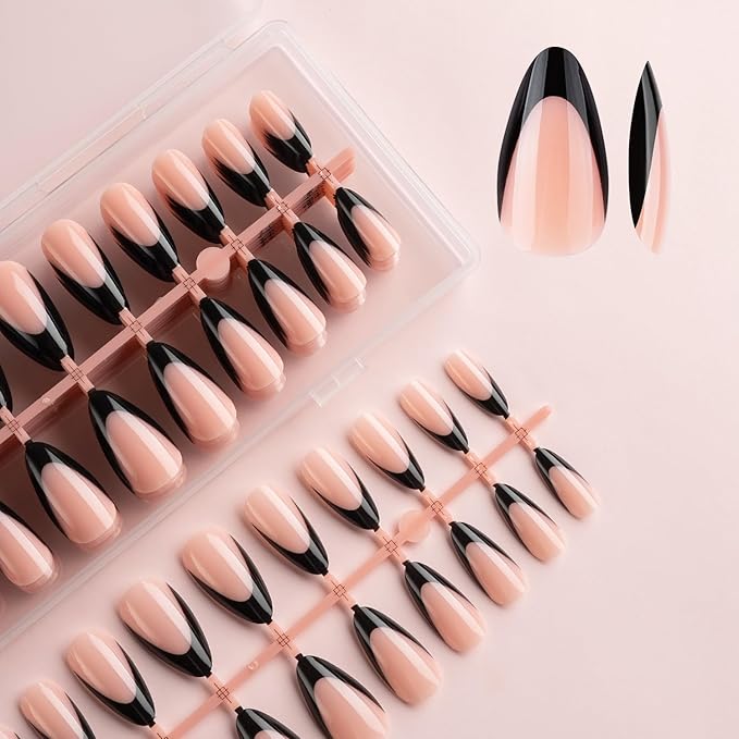 Lamemoria 240pcs Pre-Design Basic Black UV Gel French Nail Tips, Medium Long French Tip Press On Nails Almond, Nude Pink Base Salon Fake Nails Set Kit With Glue/Tabs