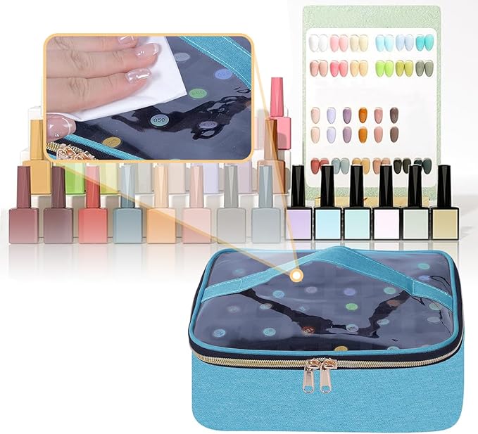 Small Clear Nail Polish Case Holds 30 bottles(15ml-0.5fl.oz) Nail Polish Organizer Multifunctional Nail Polish Bag organizer, Cosmetic Travel Makeup Cases for Women, Green