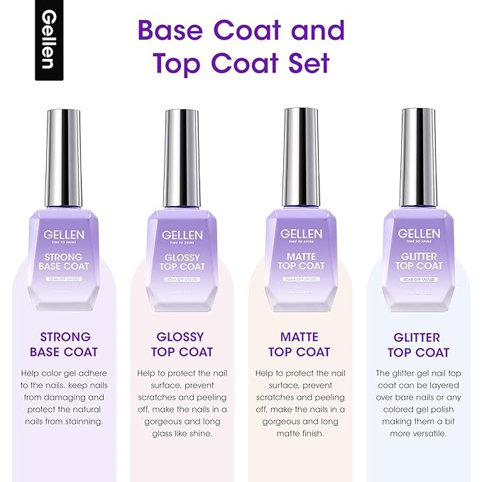 Gellen Gel Top and Base Coat, 4pcs 18ml No Wipe Matte Glossy Glitter Gel Top Coat, Clear UV Base Coat Gel Nail Polish, Soak Off Nail Lamp Gel Base Top Coat Long Lasting Home Gel Manicure