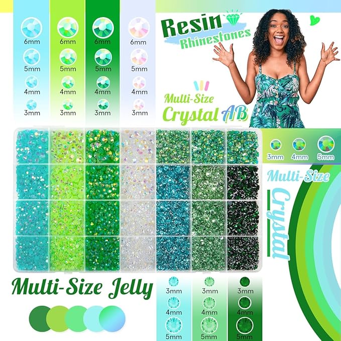 qiiipi 2 Big Boxes Green Resin Pearls and Rhinestones w B7000 Glue for Bedazzling Crafting Flatback Stones Gems Diamonds Half Pearls Bedazzler Kit for Nails Eyes Face Makeup Tumblers Bottles Crafts﻿