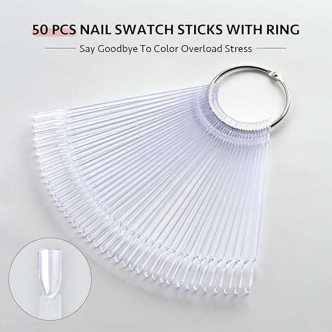 GAOY Nail Swatch Sticks with Ring, 50 Pcs False Nail Sample Swatches with Numbers Stickers, Fan-shaped Practice Color Display for Home or Salon Use