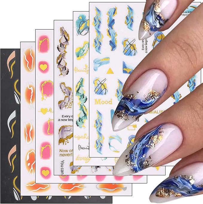 Marble Wave Nail Art Stickers, French Line Nail Art Transfer Decals Designs, 3D Geometry Gold Line Heart Nail Self-Adhesive Sticker Supplies for Women Girls Manicure Decorations, DIY Resin Nail Decal