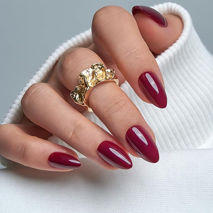 CurvLife Press On Nails Medium Almond – Burgundy Wine Red Fake Nails, Reusable Soft Gel Glue On Nails with Adhesive Tabs, High Gloss, Natural Fit, Salon Quality for Women