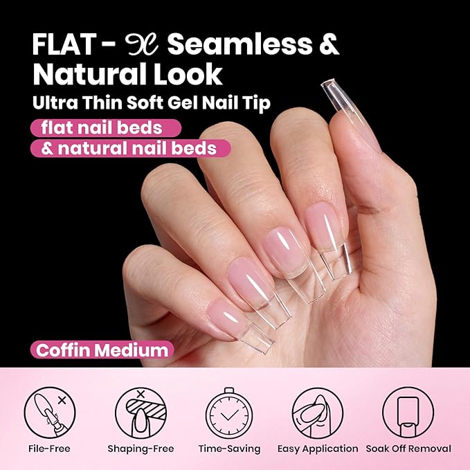 Beetles Gel Nail Tips Flat-X - Coffin Medium, 320pcs 16 Sizes, Pre-Etched Half Matte Full Cover Soft Acrylic Press on False Nail Extension Tips Easy DIY Salon Art for Flat & Natural Nail Beds