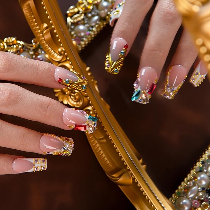 LOVFUL Short French Tip Press on Nails Jewel Feast | Handmade Acrylic Press ons | Reusable Fake False Nails | Square Regular 1.0in | H694-S
