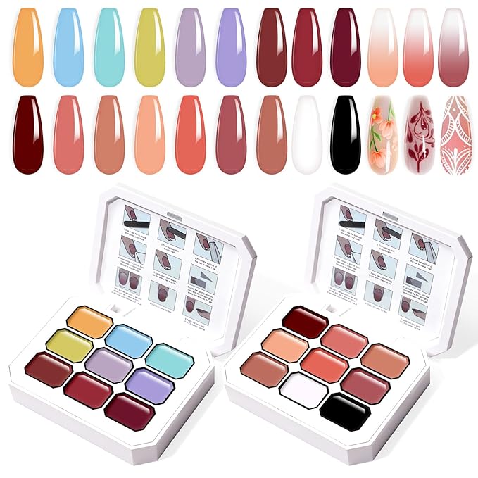 Gradient Painting Gel Set, 18 Bright Nude Almond Ombre Gel Nail Polish Pigment Pat Nails Long-lasting Silky Texture Highly Saturated French Manicure Soak of UV/Led Home Salon DIY Art E&F