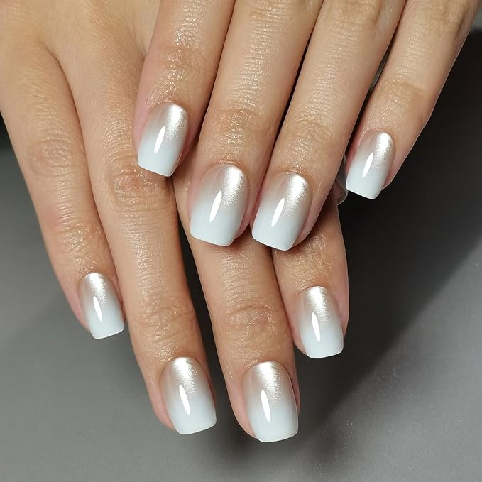 White Luxurious Cats Eyes Soft Gel Press on Nails Short Length Square False Nails with Gradient Designs Thickened Artificial Fake Nails Full Cover Glue on Nails for Women Nail Art Accessories 30 Pcs