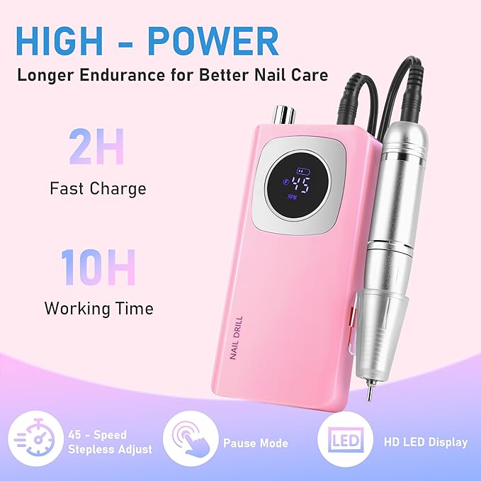 Electric Nail Drill Professional 45000 RPM, Rechargeable Cordless Electric Nail File Machine Kit for Acrylic Gel Nails Polishing Removing, Quiet E-File with Bits for Manicure Salon Home