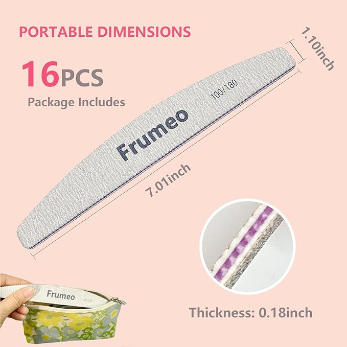 16 PCS Professional Nail File 100/180 Grit, Washable, Reusable Double Sided Emery Board for Acrylic, Extension Gel & Natural Nail, Coarse Manicure Fingernail File for Home and Salon Use