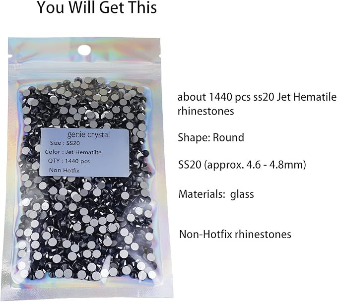 Genie Crystal ss20 1440 Pcs Jet Hematite Flatback Rhinestones,5mm Bling Black Glass Rhinestones Glue Fix Stone for Tumbler, Shoes,Clothes,Makeup,Nail Art,DIY Crafts