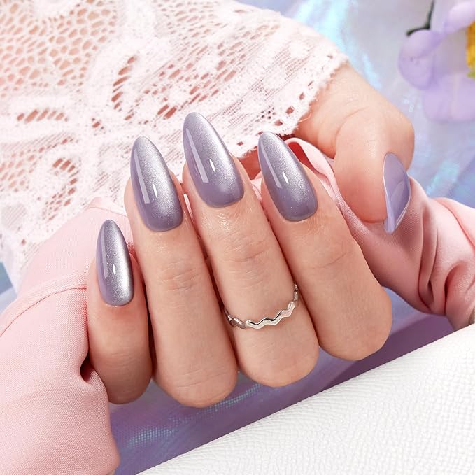 VSALON Press on Nails Medium Almond, Purple Holographic Cat Eye Glossy Jelly Chrome Fake Nails, Reusable False Nails with Nail Glue, Protector Cuticle Oil, Tabs & Nail File-32 PCS in 16 Sizes