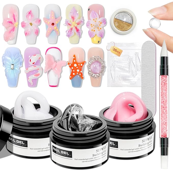 Clear White Pink Solid Builder Gel for Nails 3D Nail Art Sculpture Hard Gel with Dual Form for Extension Carving Molding Patterns Decoration Home Manicure DIY for Women