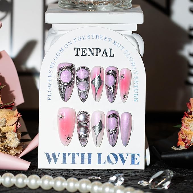 Handmade Press on Nails Almond,Sweet Cool Fake Nails With Designs,Metal 3D Aurora Nails 10Pcs/Box,Acrylic False Nails Press Ons,y2k False Nails With Glue For Women Girls Gift(L)