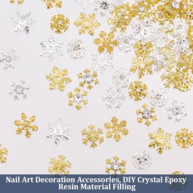 OLYCRAFT 96Pcs Snowflake Resin Fillers 7-Style Winter Theme Resin Fillers Alloy Epoxy Resins Supplies UV Filling Accessories Silver Gold for Resins Jewelry Making