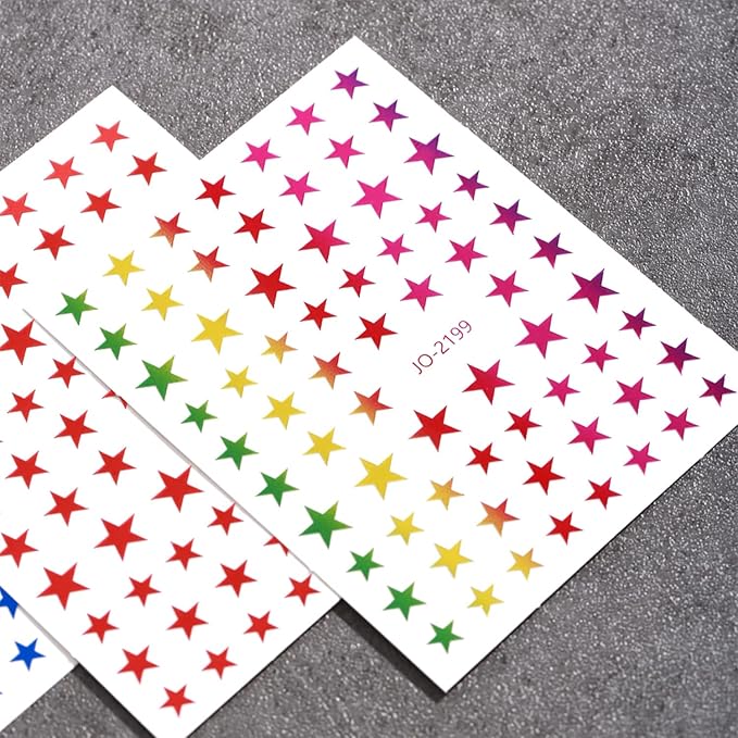 12 Colors Stars Nail Art Stickers, Laser Gold Silver Red Black White Pink Yellow Green Five-Pointed Star Nail Transfer Decals, 3D Stars Self-Adhesive Sticker Design for Women Manicure Decorations
