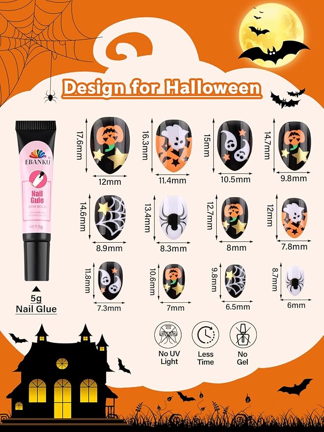 EBANKU Halloween Kid Press on Nails, 24Pcs Almond Fake Nails Kit Full Cover Pumpkin Wed Design Stick on Nail with Nail Glue for Girl