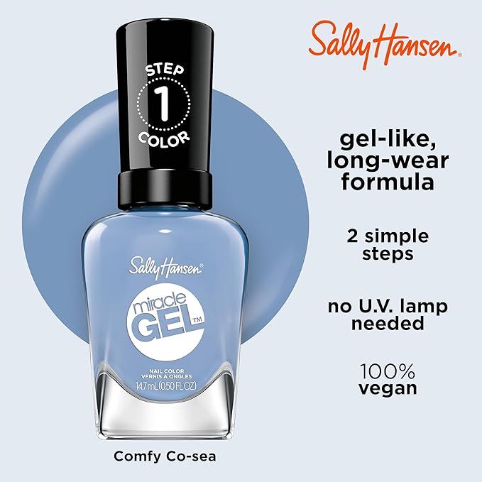 Sally Hansen Miracle Gel Salon Quality Nail Polish | Gel-Like Formula, Two-Step System, No UV Light Needed, Long Lasting | Opaque, Crème | 638 Comfy Co-sea | Muted Teal Nail Polish