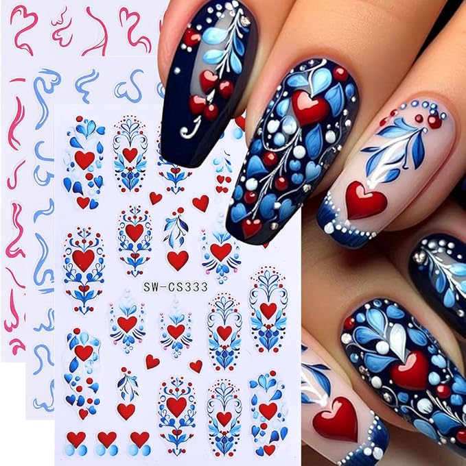 Valentines Nail Art Stickers Decals 12PCS Romantic Heart Bow Nail Decals 3D Self Adhesive Red Pink Colorful Cherry Lips Line Nail Art Design Valentine Manicure Decoration Sticker for Women