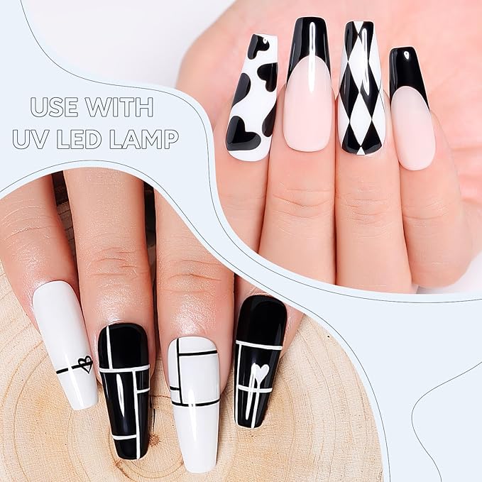 AIMEILI Gel Polish Nail Art Liner, Hema Free, Cruelty Free, Vegan, Black White Nail Paint Build in Thin Brush for Swirl French Tips Manicure DIY