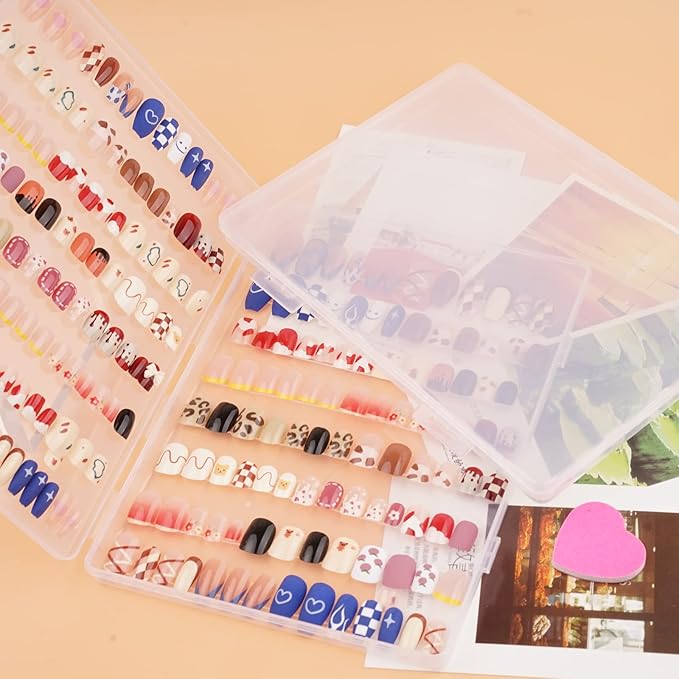 2PCS Press on Nail Organizer, Clear Press on Nail Storage Box Acrylic Nail Art Display Packaging Box Fake Nail Storage Case with Transparent Tape (Not Inlcuded Press on Nail) (8.9x6.5x0.7inch)