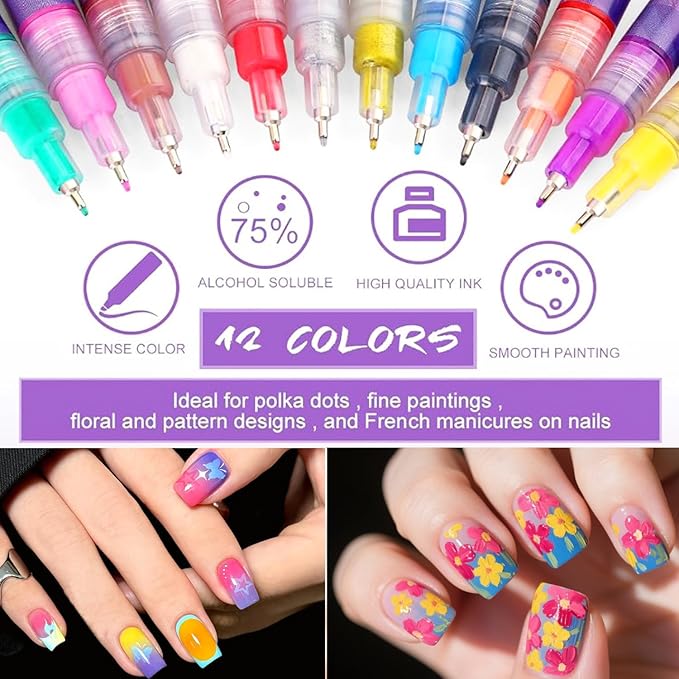 12 Colors Nail Art Pens Set, Nail Art Markers, 0.5mm Nail Polish Pens, Waterproof Quick Dry Nail Art Pens for Women DIY Graffiti Dotting Drawing Painting Nail Art Kit Tools