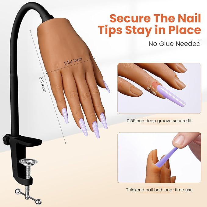 Practice Hand for Acrylic Nails: Silicone Nail Hand Practice with Gold Rings - Flexible Fake Hand Mannequin Nail Hand Kit for Beginners (Brown)