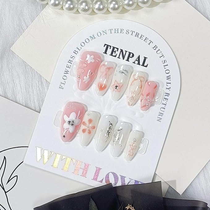 Pink Nails Acrylic Press on Nails Medium Almond Hand Painted Flower Floral Bow Tie Designs Stick on Nails Full Cover Reusable Fake Nails Press Ons 10pcs/box Glossy Glue on Nails(L)