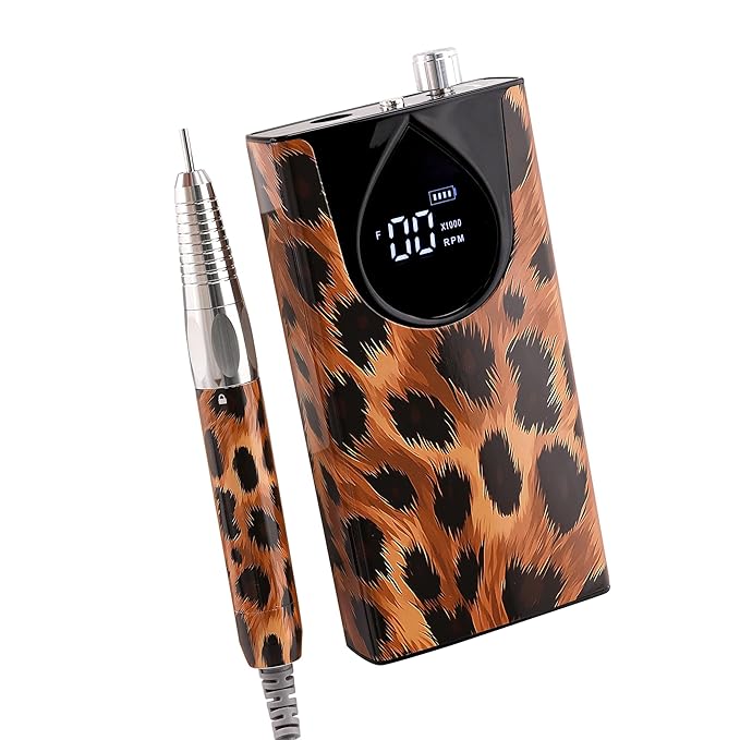 M Max - Nail Drill Professional - 2-in-1 Brushless Motor Nails Drill Machine - Electric, Cordless, Aluminium Alloy Casing, 35000 RPM, HD Display - for Salon & Home Use (Special Edition - Leopard)