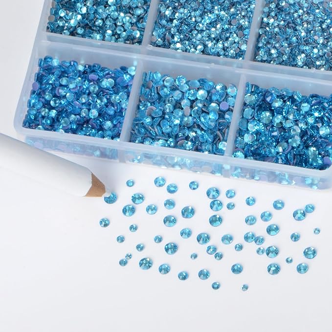 Bymitel Hotfix Crystal Rhinestones Round Gems for Crafts,Mixed 6 Sizes with Wax Pencil Kit, Aquamarine1.3-3.2mm(SS3-SS12/8000pcs)