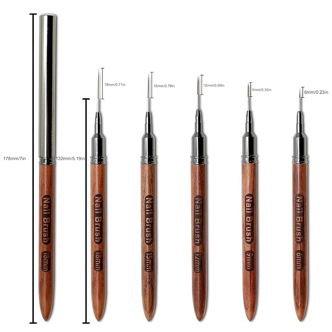 Nail Art Brushes, 5Pcs Wooden Nail Art Liner Brushes,Natural color,Painting Art Design Brush Set Nail Dotting Drawing Tool For Long Lines, Thin Details, Fine Drawing Sizes 6/9/12/15/18mm