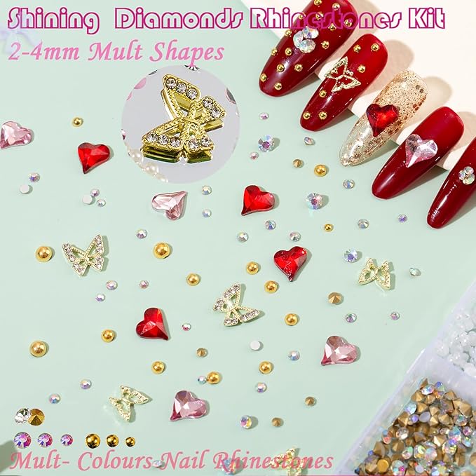 10000pcs Nail Charms and Gems:Pink Cute Bow Heart 3D Flower Charms for Junk Cases kit;Gold Chunky Butterfly Charms for Nails Design,nail jewels Diamond Rhinestones for Nails;Beads Pearls for Nails Art