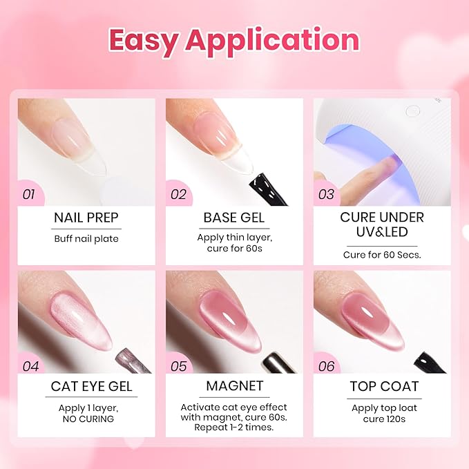 Beetles Pulse of Love Pink Cat Eye Gel Nail Polish Set - 6 Colors Pink Cat Eye Glitter Gel Polish Kit Magnetic Shine Soak Off UV French Nail Art Salon DIY Manicure Spring Gift for Women