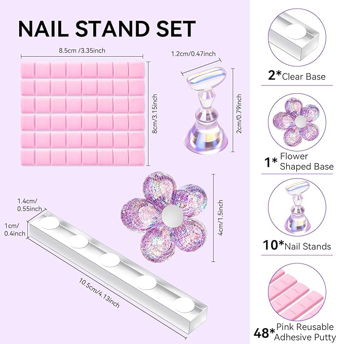 Makartt Nail Stand: Nail Holder for Painting Nails DIY, Magnetic Press on Stand Pink and Purple for Art Display Practice, Purple Glitter Flower Fake Holder for Home Salon with Reusable Adhesive Putty