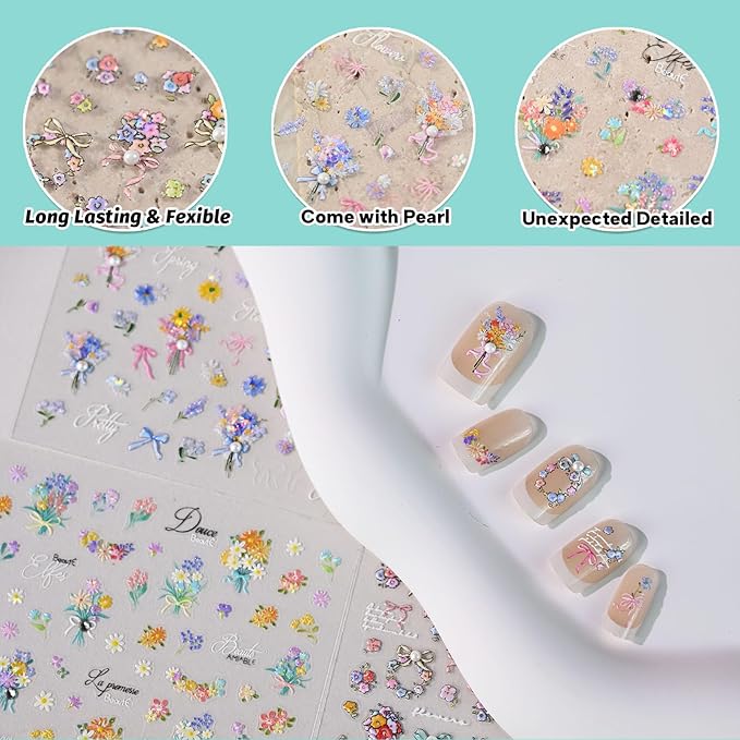Spring Bouquet Nail Art Stickers, Flower Floral Rhinestone Spring Summer Nail Decals Design, Self-Adhesive, Nail Accessories & Supplies 3 Sheets
