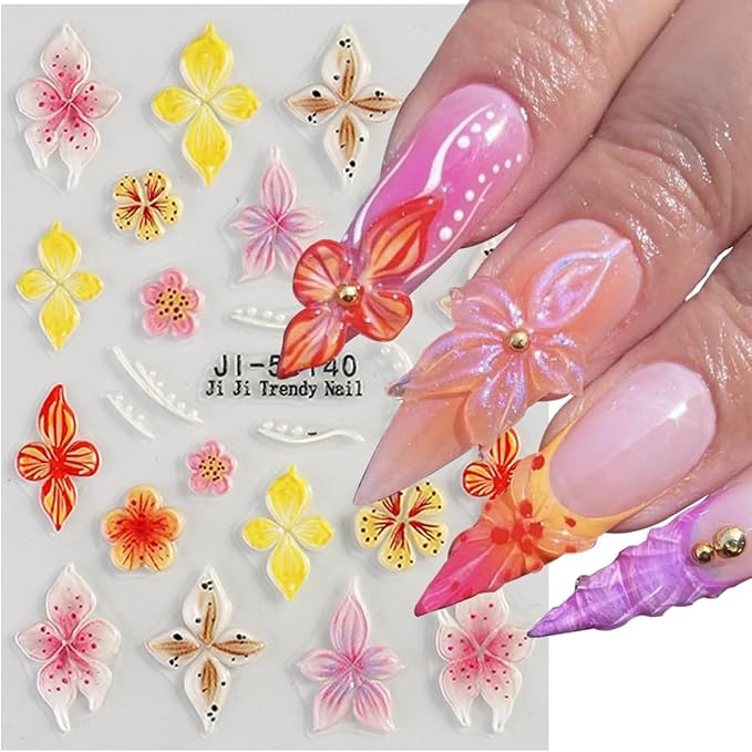 4 Sheets Flower Nail Stickers for Nail Art,5D Embossed Hibiscus Nail Decals Pink White Lily Hibiscus Tropical Floral Summer Spring Flower Nail Art Supplies for Women Girls Nail Decoration
