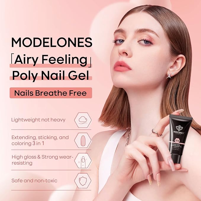modelones Poly Nail Gel Builder Extension Nude Nature Color Light Apricot Acrylic Enhancement Thickening Trendy Nail Art Design Salon Professional Technician Tool 50ML 1.76oz