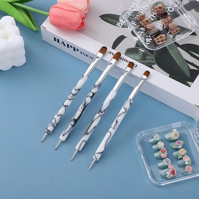 4 PCS French Tip Brush for Nails, 2-Way French Acrylic Nail Brushes with Dotting Tool, Acrylic Nail Tip Tool Brushes for Nails Detailed Designs DIY Manicure Salon