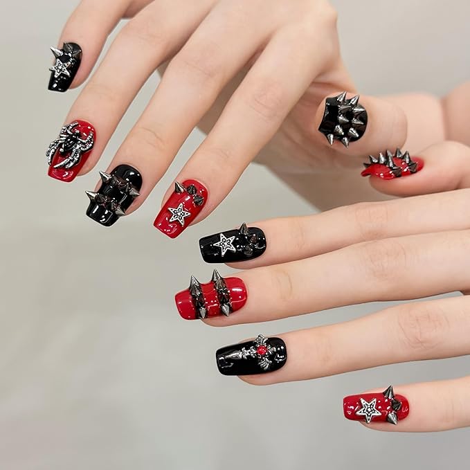 handmade nails press on Salon Quality false nails Reusable short square red black rivet y2k star spider cute acrylic 3D fake nails designed kit,10 Nails Size M #3083