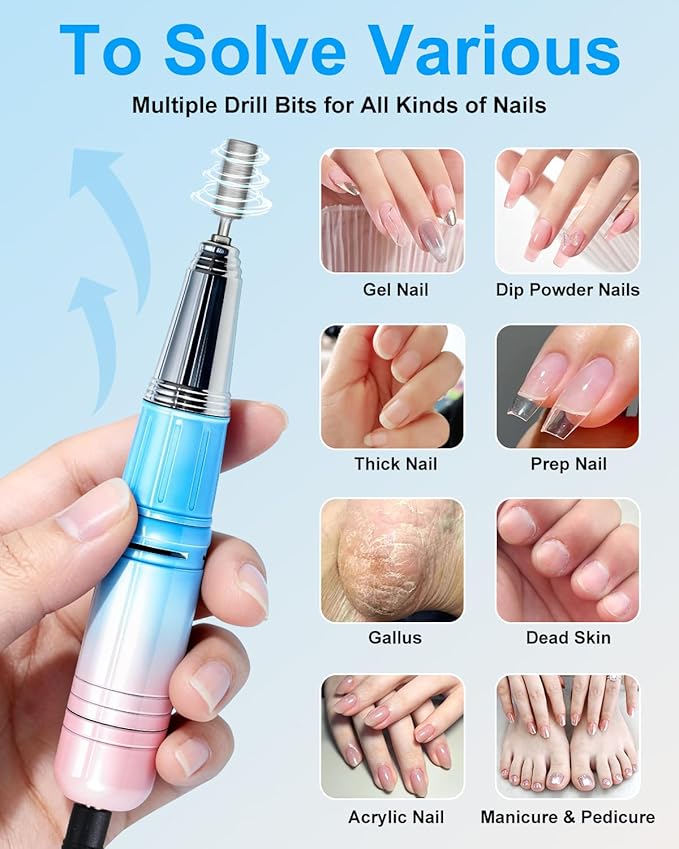 Professional Electric Nail Drill Kits 45000RPM Gradient Blue Portable Cordless 3-in-1 Nail File Machine with Rechargeable Stand and Nail Lamp for Acrylic Gel Polish Removing Home & Salon Use