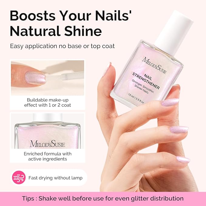 MelodySusie Nail Strengthener and Growth Treatment, 2-in-1 Ridge Filling Base Coat & Glossy Concealer Polish for Damaged Nail Repair and Healthy Shine,Gifts for Women 15ml 0.5 Fl Oz Holographic White