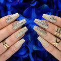Hypnaughty 24 Pcs Vegas Gold and Nude Luxury Coffin Press On Fake Nails with Glitter Design and Glue Ombre Glitter Long Medium Long False Nails Full Cover Acrylic Nails (Vegas)