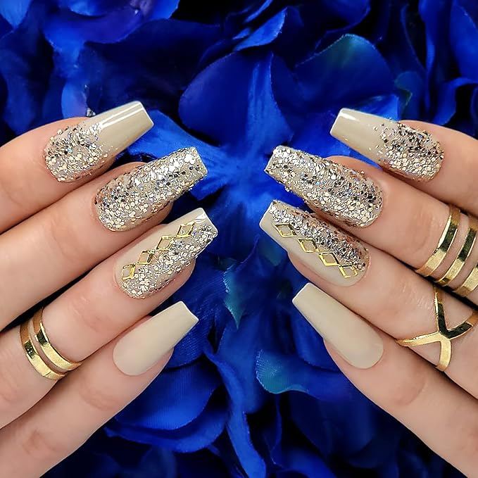 Hypnaughty 24 Pcs Vegas Gold and Nude Luxury Coffin Press On Fake Nails with Glitter Design and Glue Ombre Glitter Long Medium Long False Nails Full Cover Acrylic Nails (Vegas)