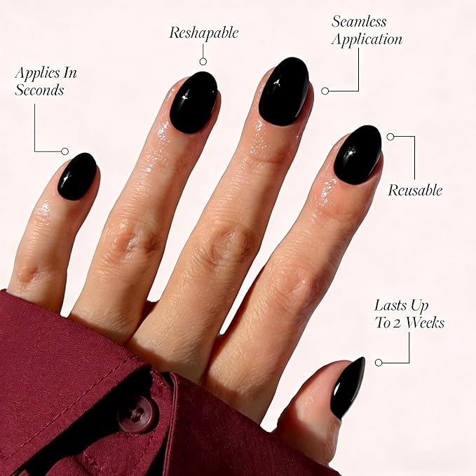 Black Press On Nails Oval -Short Press On Nails with Nail Glue, Fit Perfectly & Natural Reusable Stick On Nails in 12 Sizes - 24PCS Soft Gel Glue On Nails Kit