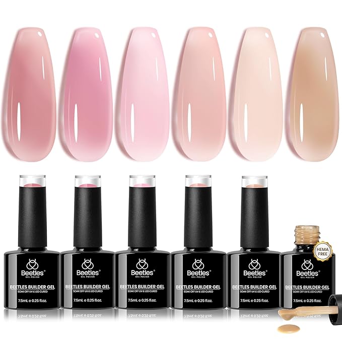 Beetles Builder Gel Set HEMA-Free-Peach Breeze 6 Colors 8 in 1 Strengthening Apex Building Nail Extension for Beginners DIY Salon at Home,Nude Builder Nail Gel,UV & LED Lamp Needed