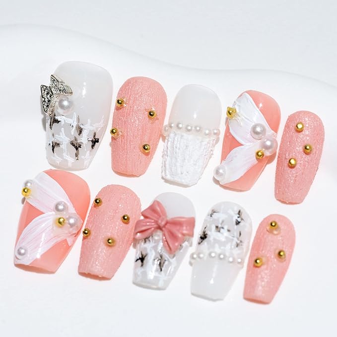 Sun&Beam Nails Handmade Short Medium Coffin Ballerina Pink False Nail Tips with Cute 3D Pearl Ribbon Popular Charm Design Press On 10 Pcs (#50 XS), FN-HM-050-XS.AU