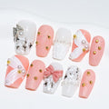 Sun&Beam Nails Handmade Short Medium Coffin Ballerina Pink False Nail Tips with Cute 3D Pearl Ribbon Popular Charm Design Press On Nails 10 Pcs (#50 S)