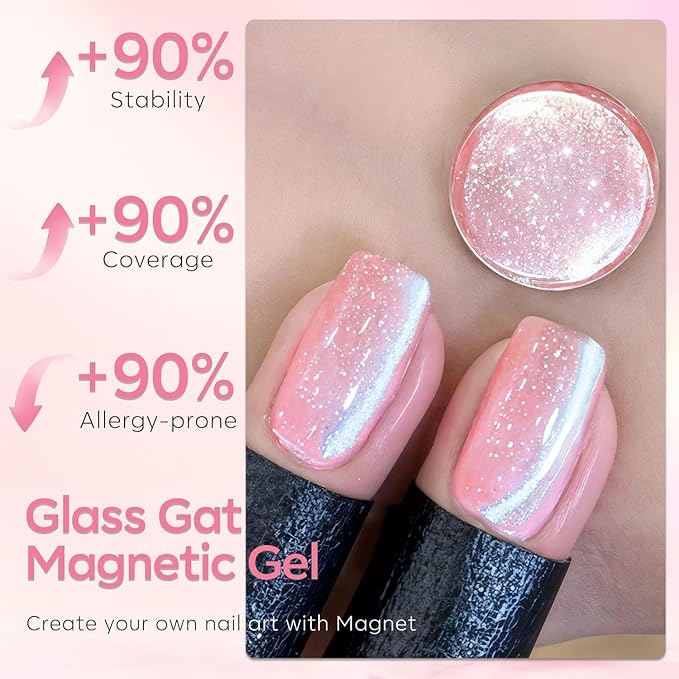 modelones Heart Cat Eye Gel Nail Polish, 2 PCS 15ML Pink Sliver Holographic 9D Cat Eye Glitter Multichrome Silver Pink Shades Polish with Magnet Soak Off Led Nail Art Gel DIY Salon Gift